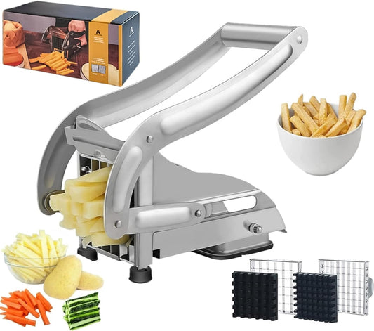 French Fry Cutter, Stainless Steel Potato Cutter Slicer with 1/2 & 3/8 Inch Blades, Non-Slip Suction Base, Manual Vegetable Cutter for Potato, Carrot, Cucumber