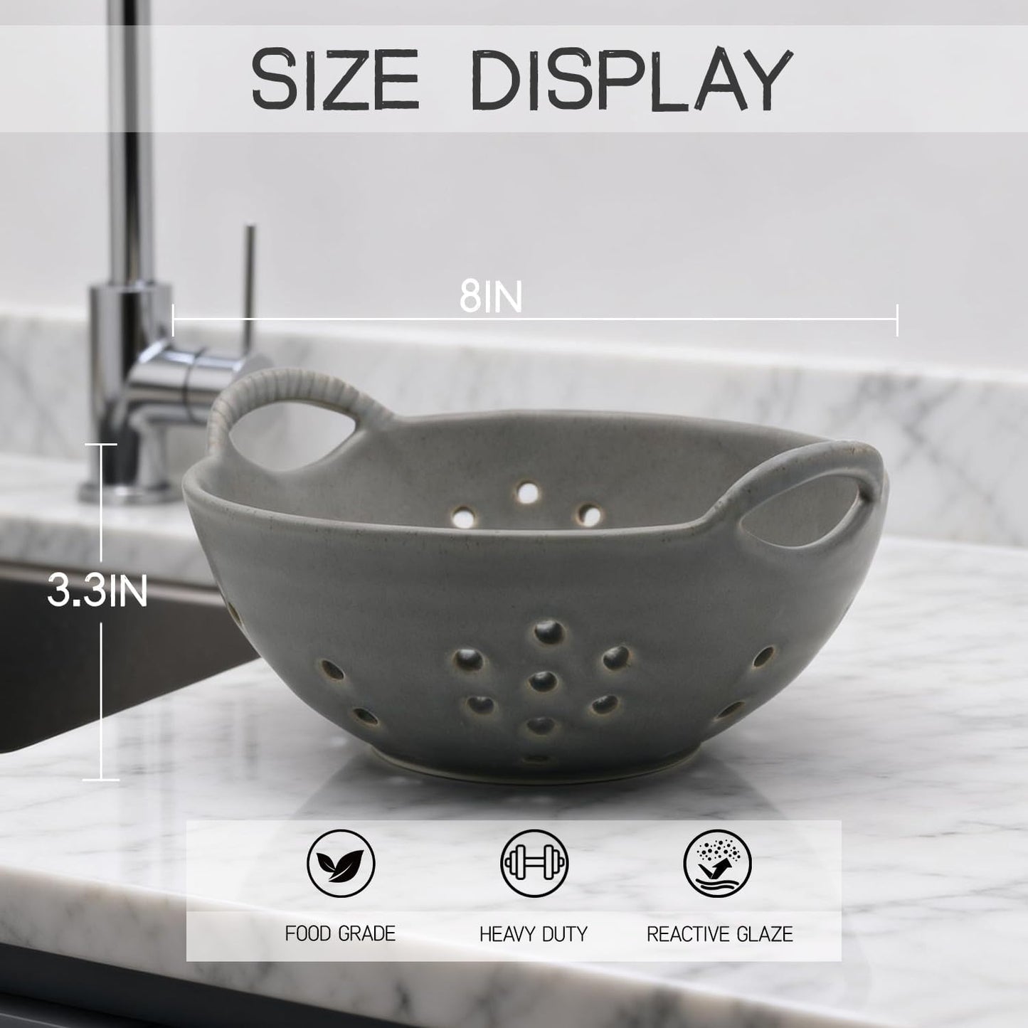 8" Ceramic Berry Colander with Handles, Reactive Glaze Fruit Washing Bowl, Rustic Stoneware Pasta Strainer for Kitchen (Charcoal Grey)