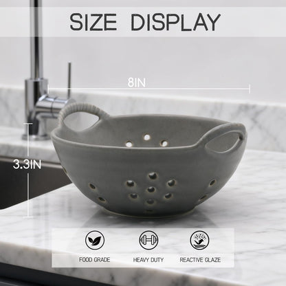 8" Ceramic Berry Colander with Handles, Reactive Glaze Fruit Washing Bowl, Rustic Stoneware Pasta Strainer for Kitchen (Charcoal Grey)