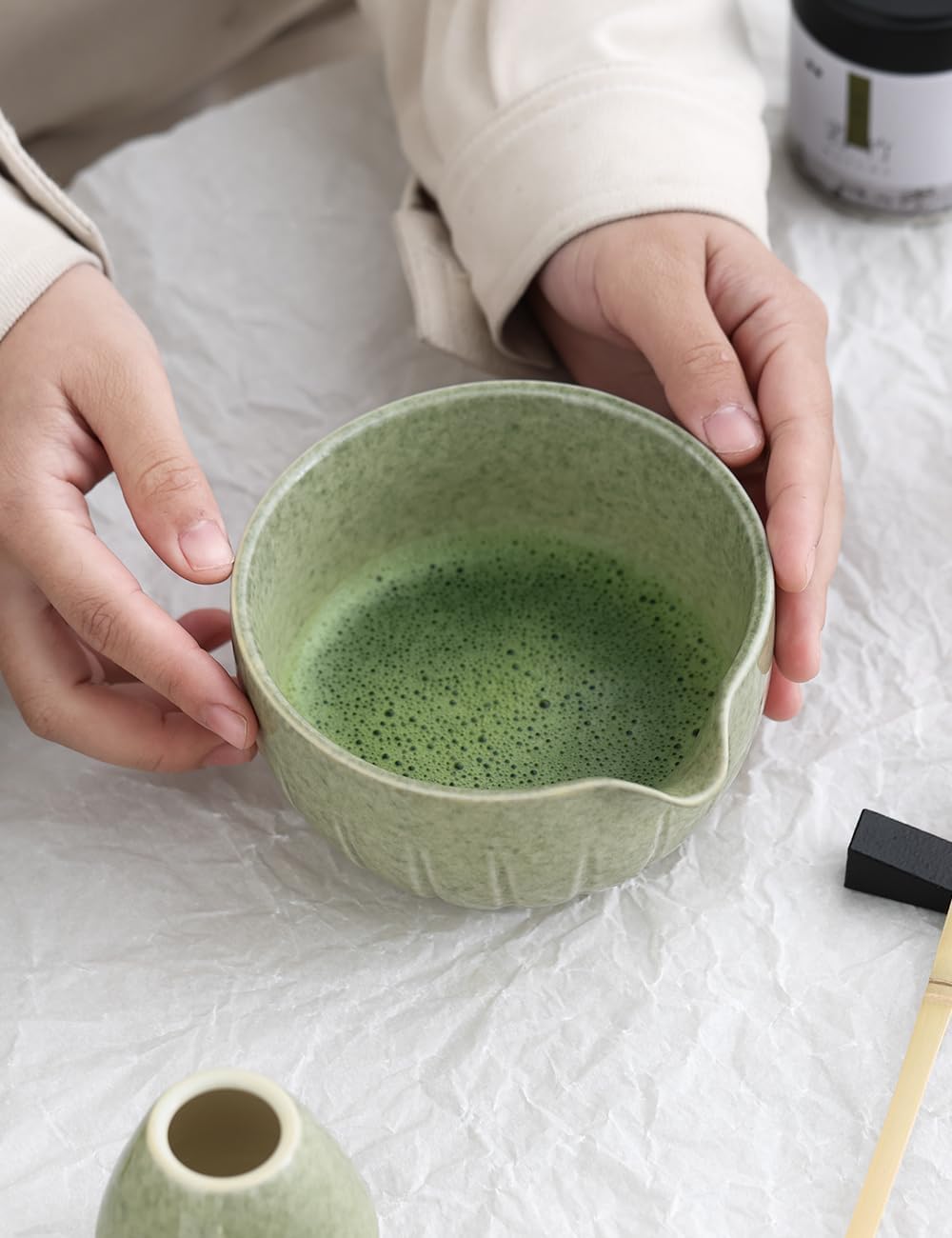 TANG PIN Matcha Set - Match Bowl and Whisk, 15 OZ, Matcha Scoop | Matcha Whisk Stand (Chasen Holder) - 4pc Perfect Matcha Kit for Matcha Tea Ceremony (Mottled Green)