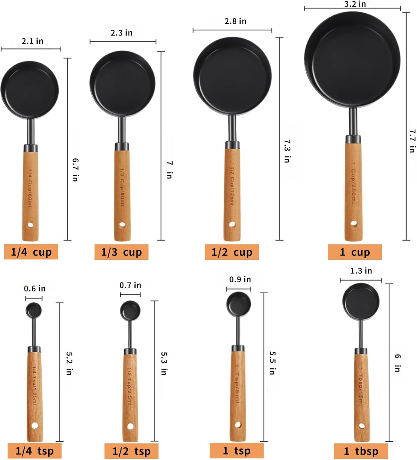 8-Piece Food-Grade Measuring Cups and Spoons Set, Nonstick Black Kitchen Measure Set with Non-Slip Wooden Handle, Engraved US & Metric Markings for Cooking & Baking