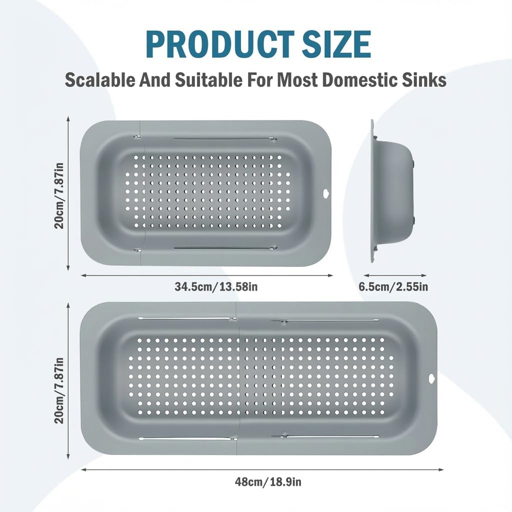 Extendable Over Sink Colander, 13.58"-18.9" Adjustable Strainer Basket for Washing Fruits & Draining Pasta, Fits Most Kitchen Sinks (Grey, 1 Pack)