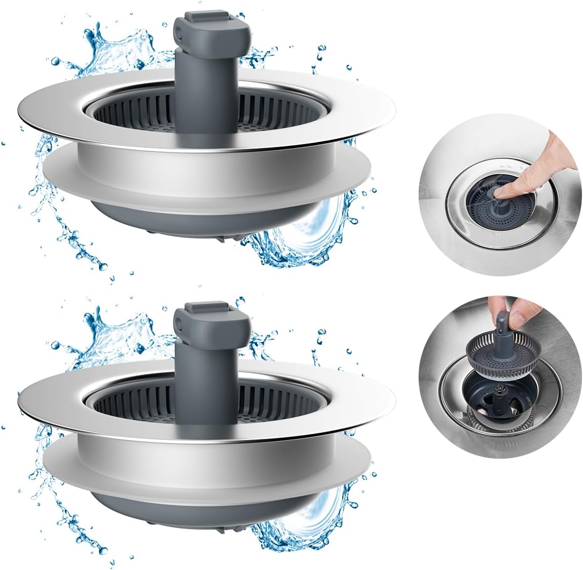Hibbent Upgraded 3 in 1 Kitchen Sink Drain Strainer and Stopper Combo, Stainless Steel Metal Pop Up Sink Stopper, Anti-Clogging Basket with Foldable Handle for US Standard 3-1/2 Inch Drain