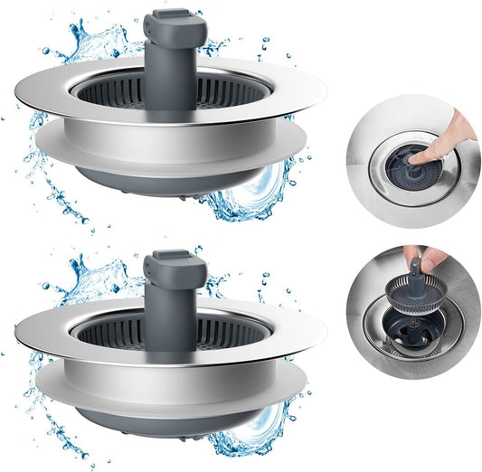 Hibbent Upgraded 3 in 1 Kitchen Sink Drain Strainer and Stopper Combo, Stainless Steel Metal Pop Up Sink Stopper, Anti-Clogging Basket with Foldable Handle for US Standard 3-1/2 Inch Drain