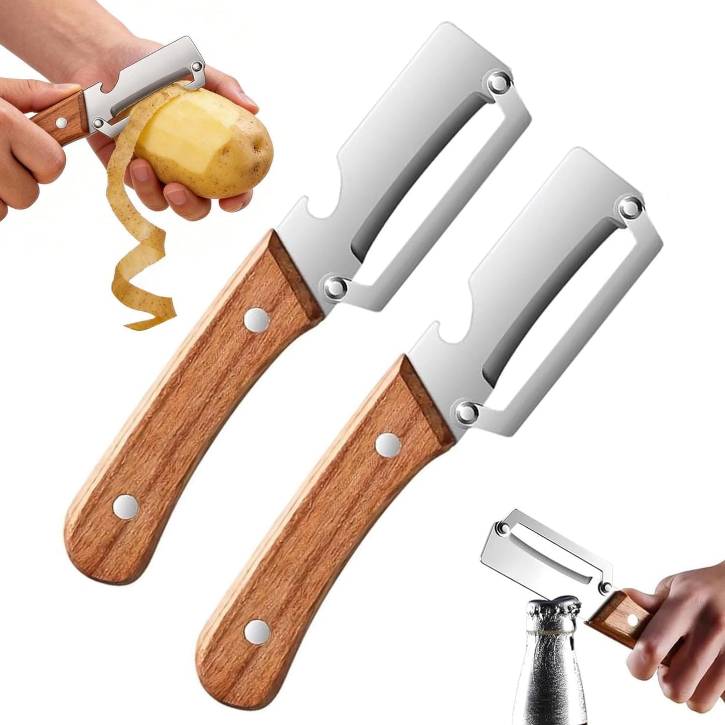 2PCS Multifunctional Vegetable Peeler for Kitchen,2-in-1 Stainless Steel Peeler Kitchen Tool with Wooden Handle and Bottle Opener for Fruit Apple Potato Pumpkin Papaya