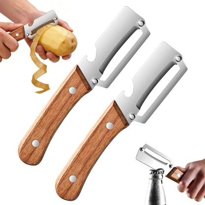 2PCS Multifunctional Vegetable Peeler for Kitchen,2-in-1 Stainless Steel Peeler Kitchen Tool with Wooden Handle and Bottle Opener for Fruit Apple Potato Pumpkin Papaya