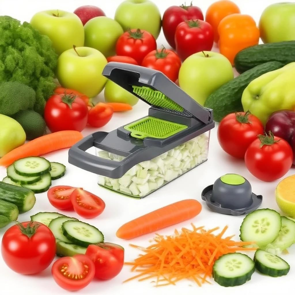 15-in-1 Vegetable Chopper, Multifunctional Mandoline Slicer with 8 Interchangeable Blades, with Container for Fruits, Veggies, Potato, Onion, Tomato – Kitchen Dicer Cheese Grater. By Lonachamari
