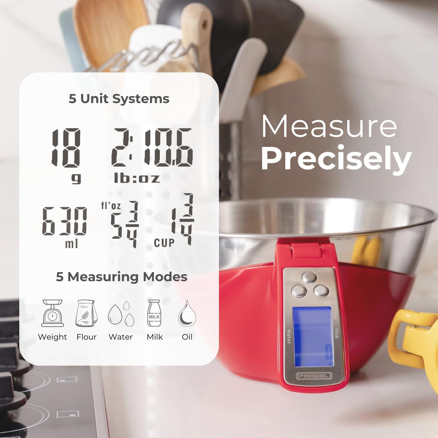Fradel Digital Kitchen Food Scale with Bowl - 11lb, Grams & Ounces - Removable, Dishwasher-Safe Mixing Bowl - Black