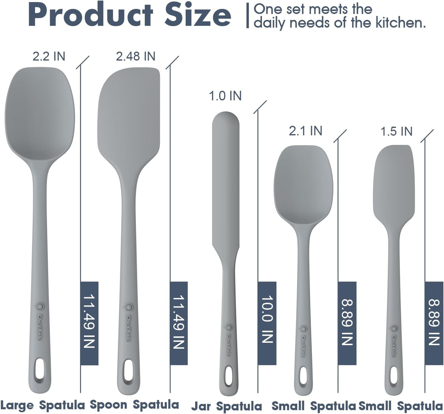 ChefAide 5 Pieces Silicone Spatula Set, Food Grade Rubber Spatula, Upgrade Strong Handle with Ergonomic Grip, Heat Resistant Up to 600°F for Nonstick Cookware, Cooking