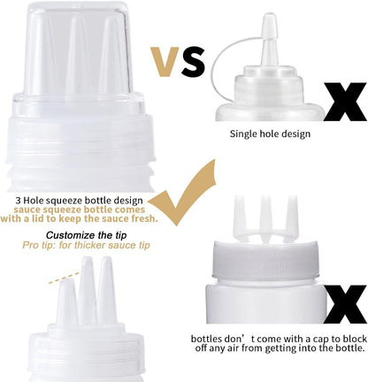 3 Hole Squeeze Bottles for Sauces Plastic Condiment Squeeze Bottles Ketchup Dispenser Salad Dressing Container Squirt Kitchen Squeeze Bottles for Oil BBQ Paint Pancake Art 3 Pcs 13oz/380ML