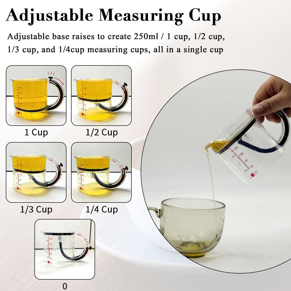 4-in-1 Adjustable Measuring Cup, Multi Measurings Cube Cups for Cooking and Baking with Oz/Ml Dual Markings, Scraper-Style Seal Base, Space-Saving Easy to Clean