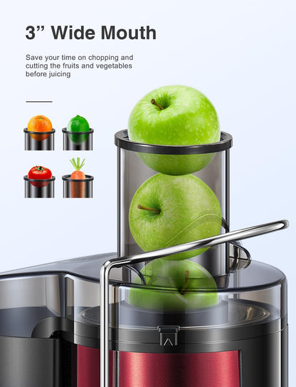 Qcen Juicer Machine, 500W Centrifugal Juicer Extractor with Wide Mouth 3” Feed Chute for Fruit Vegetable, Easy to Clean, Stainless Steel, BPA-free (Black)