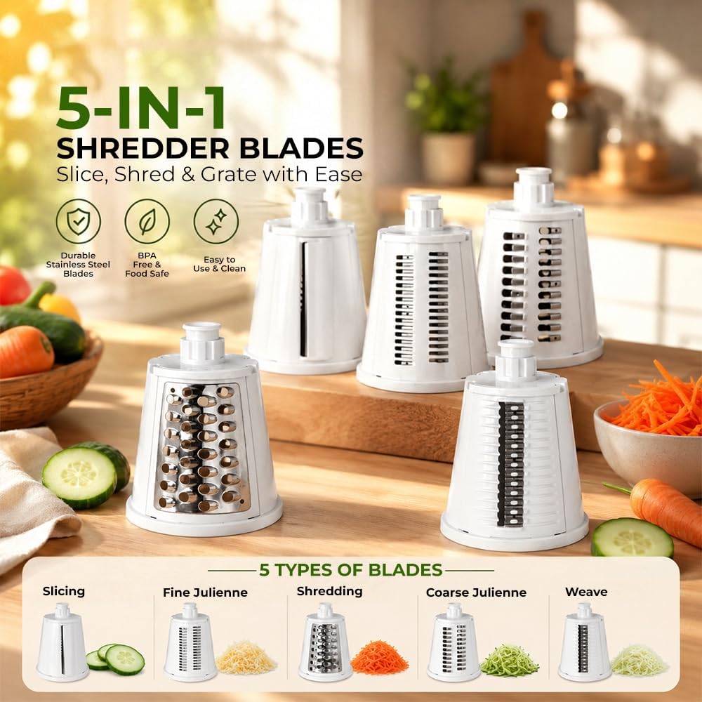 Rotary Cheese Grater Hand Crank, 5 In 1 Shredder with Handle, Vegetable Slicer Mandoline Food Chopper, Strong Suction Base Kitchen Gadget for Cheese Vegetables Nuts – White