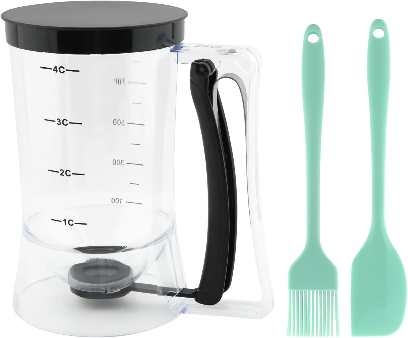 4 Cup Pancake Cupcake Batter Dispense, 900mL Pancake Dispenser With Measuring Label Squeeze Handle Bracket and Silicone brush scraper for Waffles, Muffins, Crepes & Cupcakes(Black)
