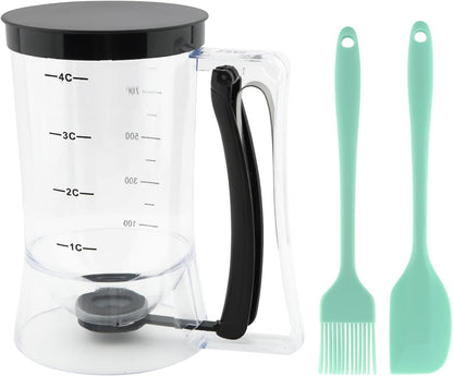 4 Cup Pancake Cupcake Batter Dispense, 900mL Pancake Dispenser With Measuring Label Squeeze Handle Bracket and Silicone brush scraper for Waffles, Muffins, Crepes & Cupcakes(Black)