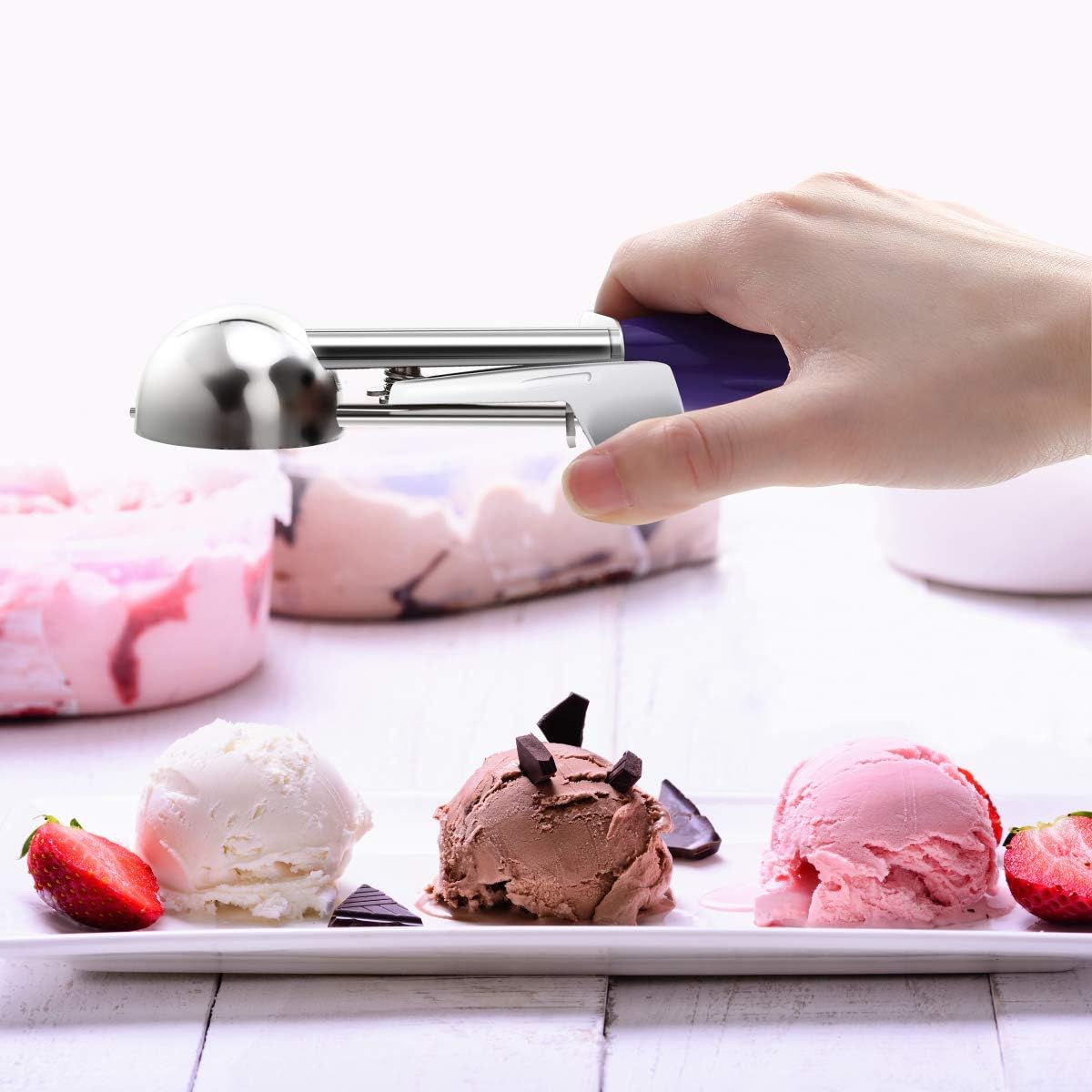 Heavy Duty Stainless Steel Ice Cream Scoop 0.75 oz, Cookie Scoop with Trigger, Baking Scoop for Bakeries,Restaurants & Dessert Shops, #40, Purple