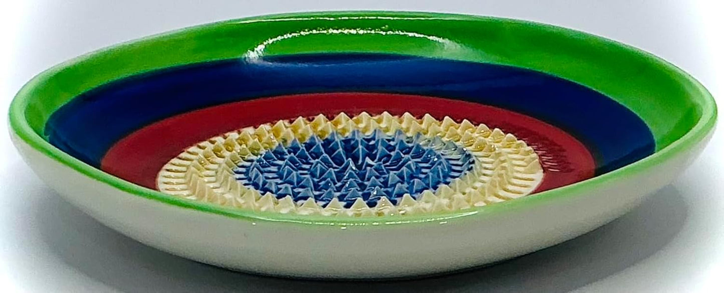 BonCera, All-in-one Premium Ceramic Garlic Grater Plate 4-Piece Set - Multicolor 5 Circle Design - For Garlic, Ginger, Chocolate, and more! - Comes with 5" Plate, Peeler, Brush, and Stand