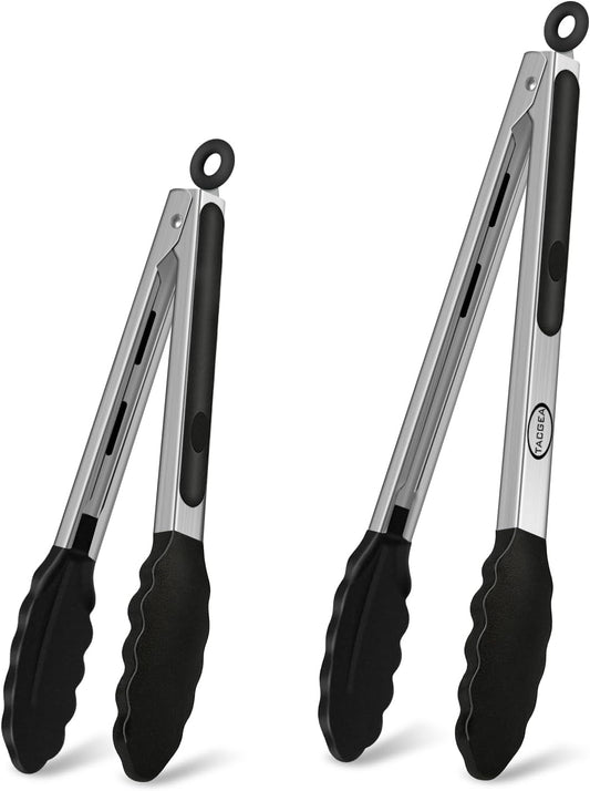TACGEA Stainless Steel Kitchen Tongs with Silicone Tips, Locking Grilling Food Tongs, 7" 9" and 12", Set of 3 Black