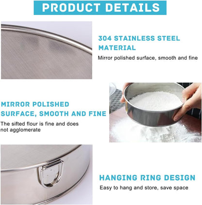 Flour Sifter Stainless Steel Round Flour Sieve 6 Inch 60 Mesh Fine Mesh Strainers for Baking Cake Bread