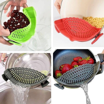 Clip On Strainer Silicone for All Pots and Pans, Pasta Strainer Clip on Food Strainer for Meat Vegetables Fruit Silicone Kitchen Colander (Grey)