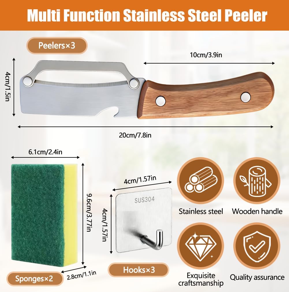 3PCS MultiFunctional Vegetable Peeler, 2 in 1 Stainless Steel Vegetable Peeler with Wooden Handle and Bottle Opener, Sharp Veggie Peeler, Peelers for Kitchen, Fruit Apple Potato Pumpkin Papaya