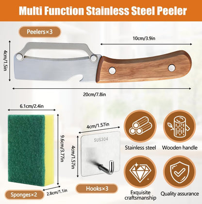 3PCS MultiFunctional Vegetable Peeler, 2 in 1 Stainless Steel Vegetable Peeler with Wooden Handle and Bottle Opener, Sharp Veggie Peeler, Peelers for Kitchen, Fruit Apple Potato Pumpkin Papaya