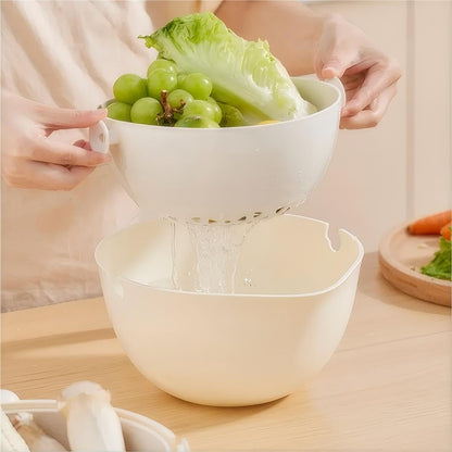 2-1 Kitchen Colander Rotating Washing Basket with Handle - Pasta Strainer - Fruit Washing Bowl with Strainer - Fruit Rinser Container (Avocado Green)