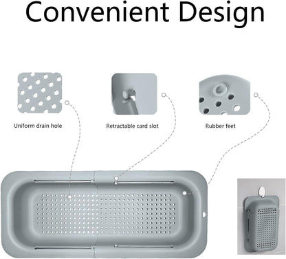 Extendable Over the Sink Colander Strainer Basket SpaceSaving Plastic Kitchen Drainer for Washing Vegetables Fruits Draining Pasta Dish Rack NonSlip Design Hanging New Home Kitchen Essentials Gray