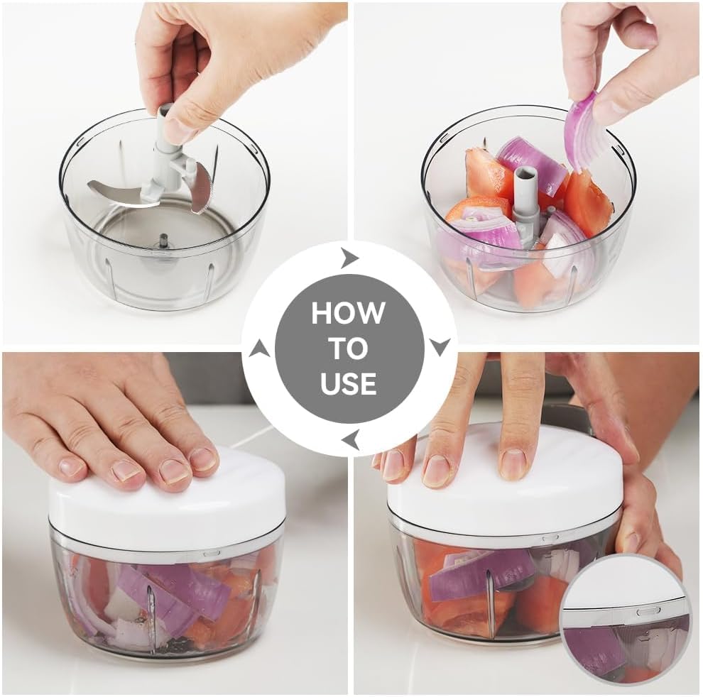 Manual Food Processor Vegetable Chopper 2.3 Cup Small Mini Hand Pull String Onion Chopper Garlic Mincer Cutter with 3 Stainless Steel Blades (Grey, 550 ml)