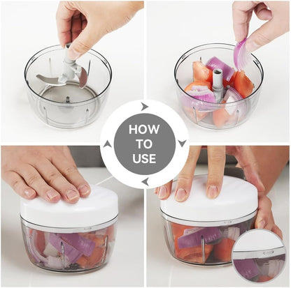 Manual Food Processor Vegetable Chopper 2.3 Cup Small Mini Hand Pull String Onion Chopper Garlic Mincer Cutter with 3 Stainless Steel Blades (Grey, 550 ml)