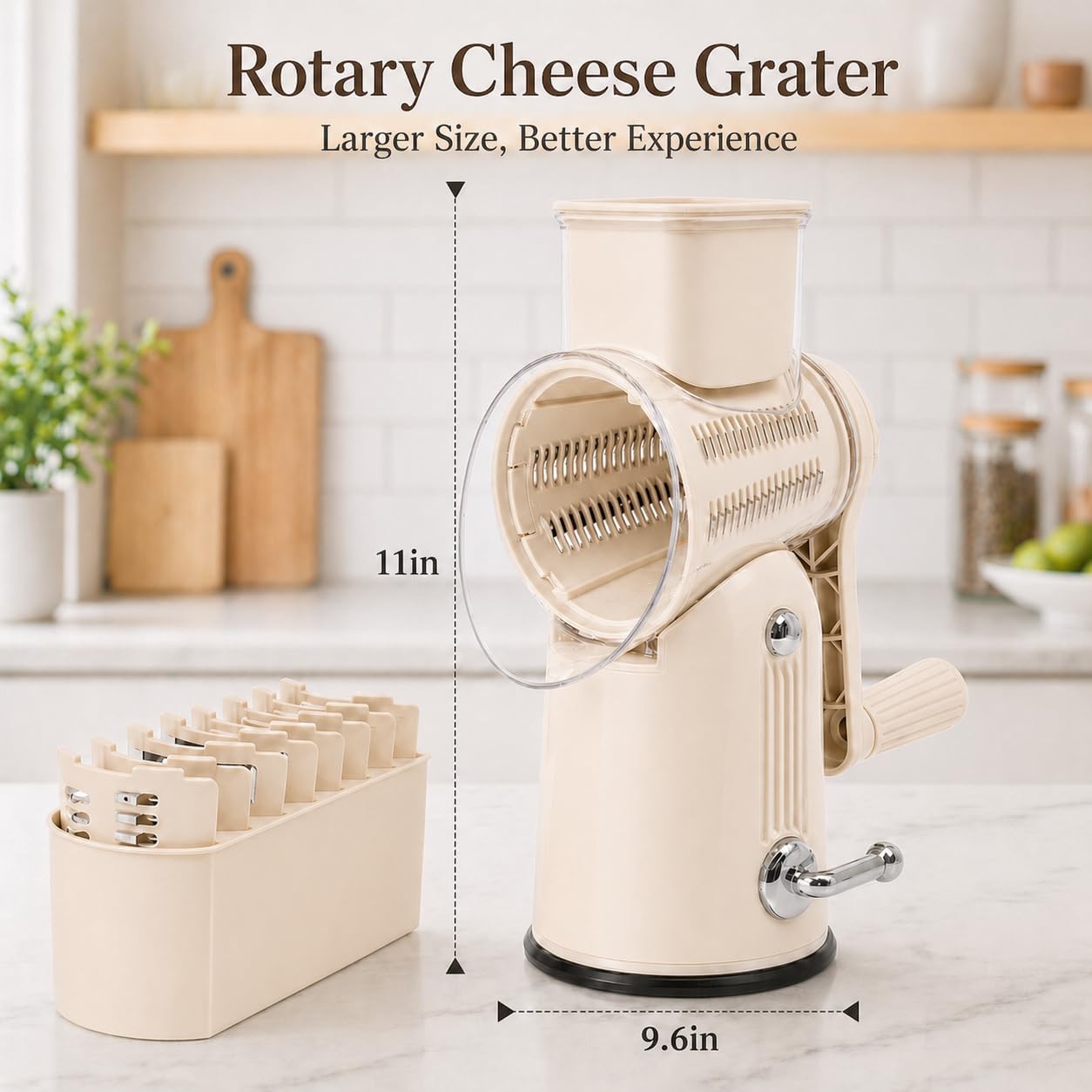 5 in 1 Rotary Cheese Grater with Hand Crank, 5 Replaceable Blades, Strong Suction Base, Multi-Functional Vegetable Slicer Shredder Chopper with Blade Storage Box for Fruit Vegetables Nuts(Green)