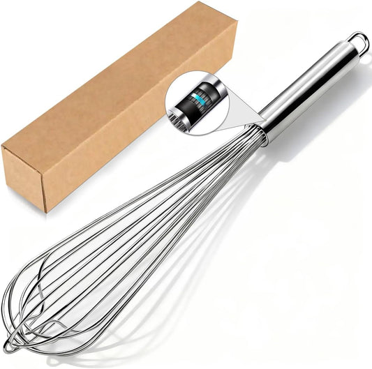 18/10 Stainless Steel Large Whisk Set of 2, 15.5 inch Heavy Duty Long Whisk and 12 inch Whisks, Suitable for Deep Pots or Big Bowl, Mixing, Beating, Blending