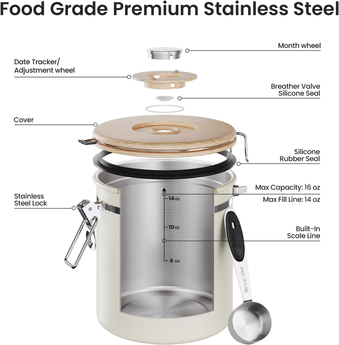 Veken Coffee Canister, Airtight Stainless Steel Kitchen Food Storage Container with Date Tracker and Scoop for Beans, Grounds, Tea, Flour, Cereal, Sugar, Cookie, 16OZ, Cream