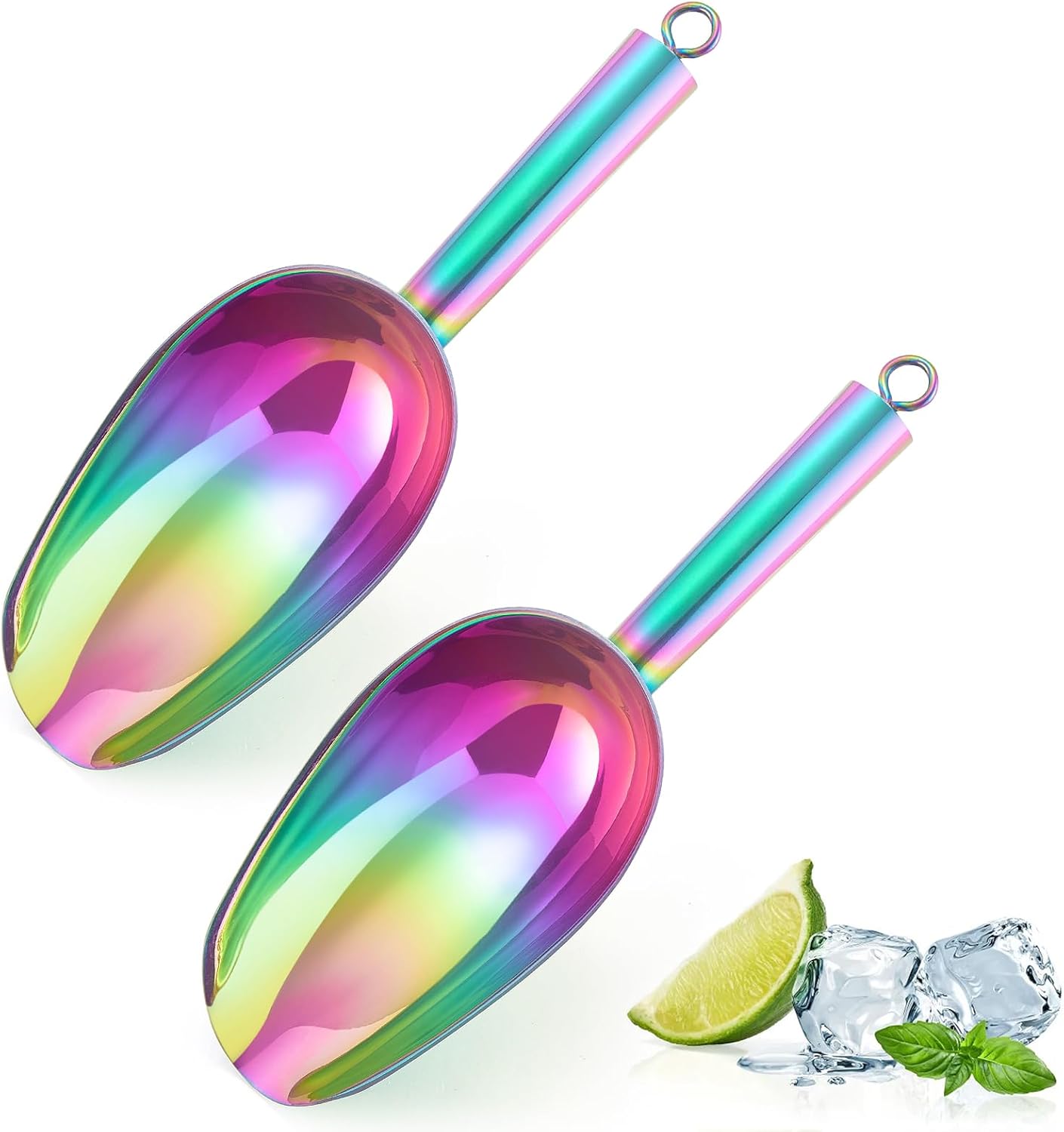 6 Oz Ice Scoop Set of 2, Leonyo Small Ice Cube Scoop for Freezer Bin, Stainless Steel Food Scoopers Spoon for Dry Goods, Flour, Pet, Kitchen Containers – Silver