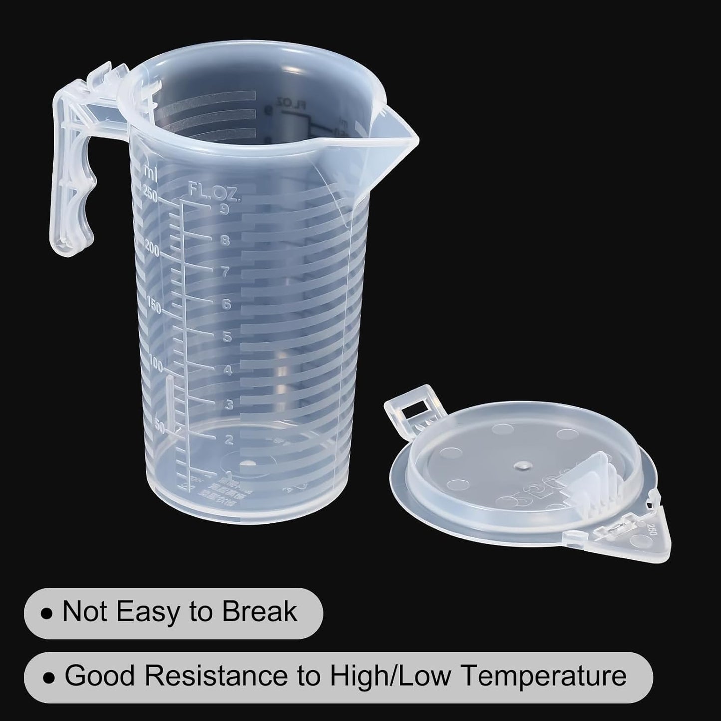 PATIKIL Graduated Beaker, 2 Pack 100ml PP Plastic Liquid Measuring Cup Double Sided Black Graduations with Handle Lid and Spout for Lab Kitchen Home