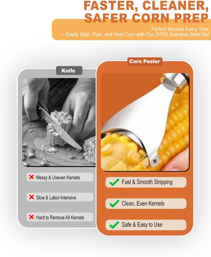 3PCS Corn Peeler Set – Stainless Steel Corn Stripper Tool with Cutter, Planer & Holder – Quickly Remove Kernels from Corn on the Cob – Dishwasher Safe, Easy Grip Handle, for Home & BBQ