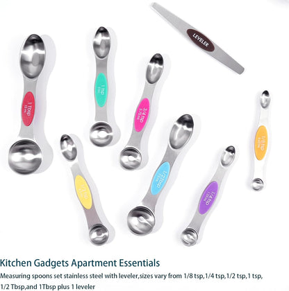 Magnetic Measuring Spoons Set of 8, Stainless Steel Double End Stackable Teaspoon for Cooking and Baking, Tablespoon with Leveler for Measuring Dry and Liquid Ingredients, Multicolor