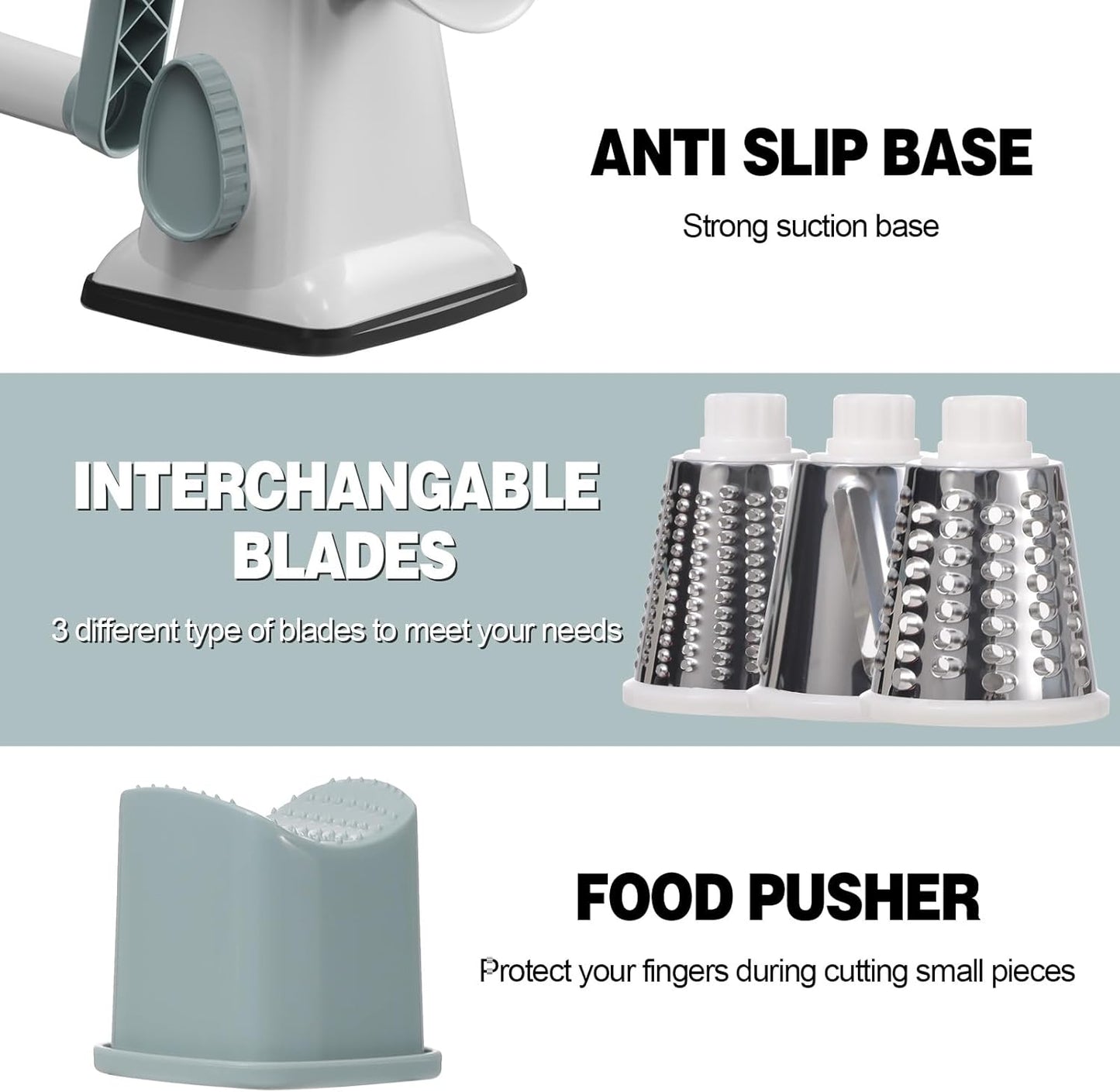Cheese Grater Cheese Shredder with 3 Interchangeable Blades, Rotary Cheese Grater Manual Vegetable Slicer with Non-slip Suction Base Peanut Nuts Grinder Vegetable Shredder Clear