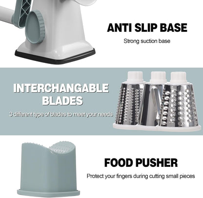 Cheese Grater Cheese Shredder with 3 Interchangeable Blades, Rotary Cheese Grater Manual Vegetable Slicer with Non-slip Suction Base Peanut Nuts Grinder Vegetable Shredder Clear