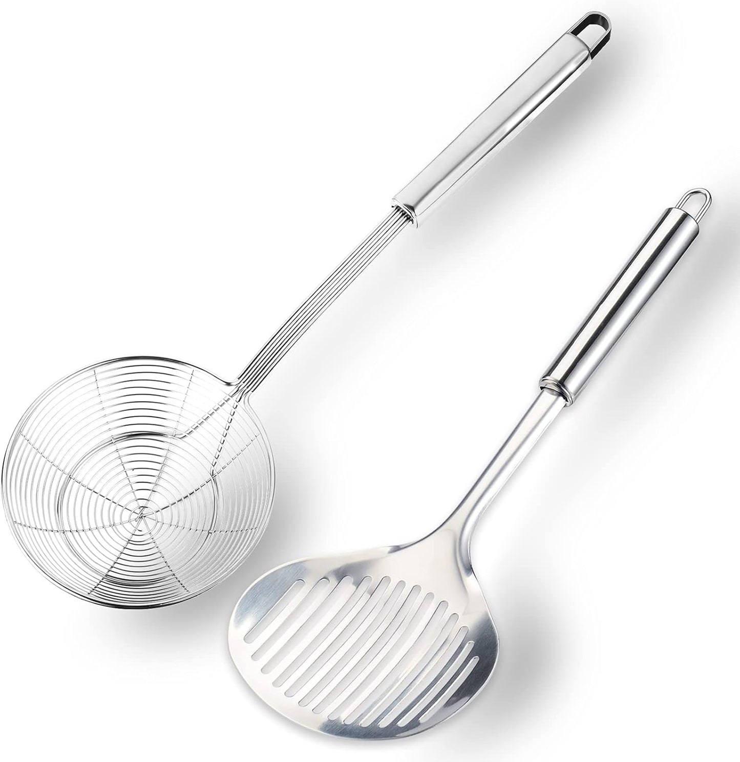 Multi Kitchen Utensil Stainless Steel Cooking Skimmer Slotted Fish Turner Spatula Spoon Colander Drain Water Filter Spoon Ladle Spider Strainer Skimmer Ladle for Cooking &Frying (2pcs)