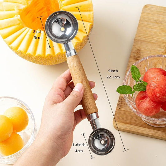 Double Melon Baller Wood Handle,Melon Baller Silver for fruit and veggie prep,Edges are sharp enough to scoop fruit but safe to touch,Soft, comfortable, non-slip handle, 9 In (Brown)