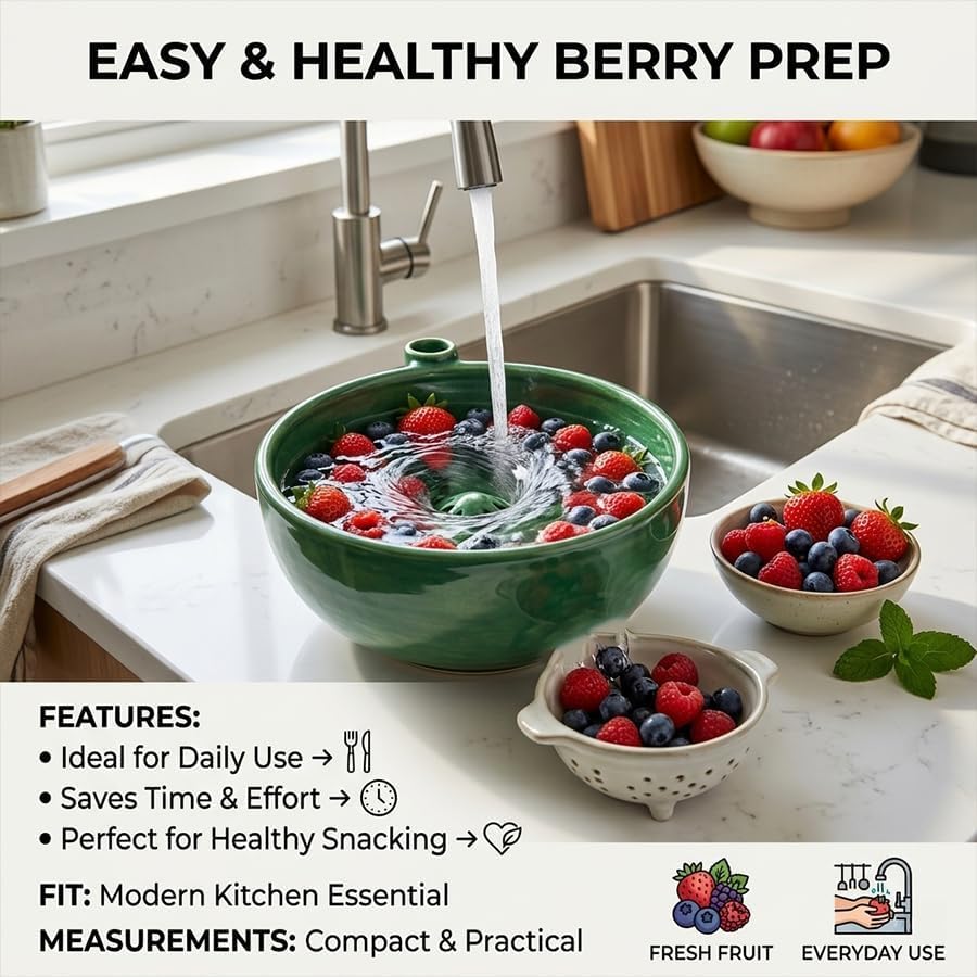 Swirling Berry Washing Bowl, Self-Spinning Fruit & Vegetable Washer with Drain, 360° Vortex Cleaning, Rapid Wash Multipurpose Kitchen Colander, Ideal Gift for Fruit Lovers (Green)