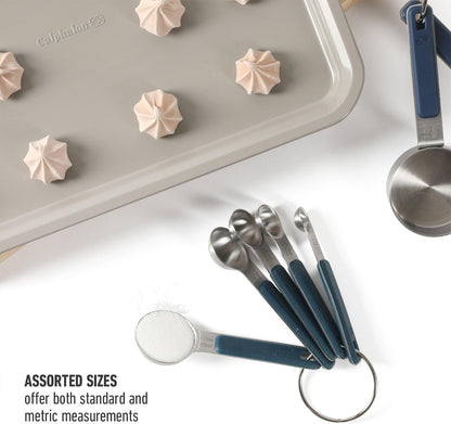Calphalon Prime Measuring Spoons, Plastic Measuring Spoon Set, 5-Piece Stainless Steel Measuring Spoons Navy Silicone Handle Accurate, Durable for Spices and Small Portions