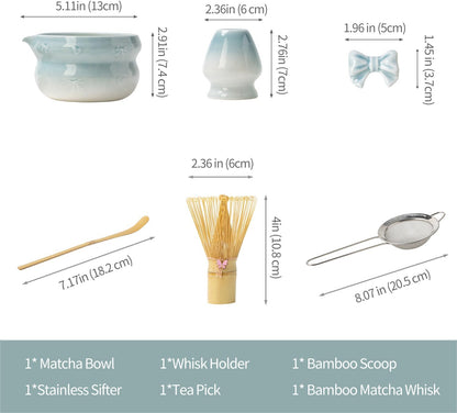 DWEHIXBUY Matcha Kit 7-Pcs matcha whisk set, Measuring Spoon, Japanese Tea Making Tools,Cha, tea bowl, pink matcha set (light blue)
