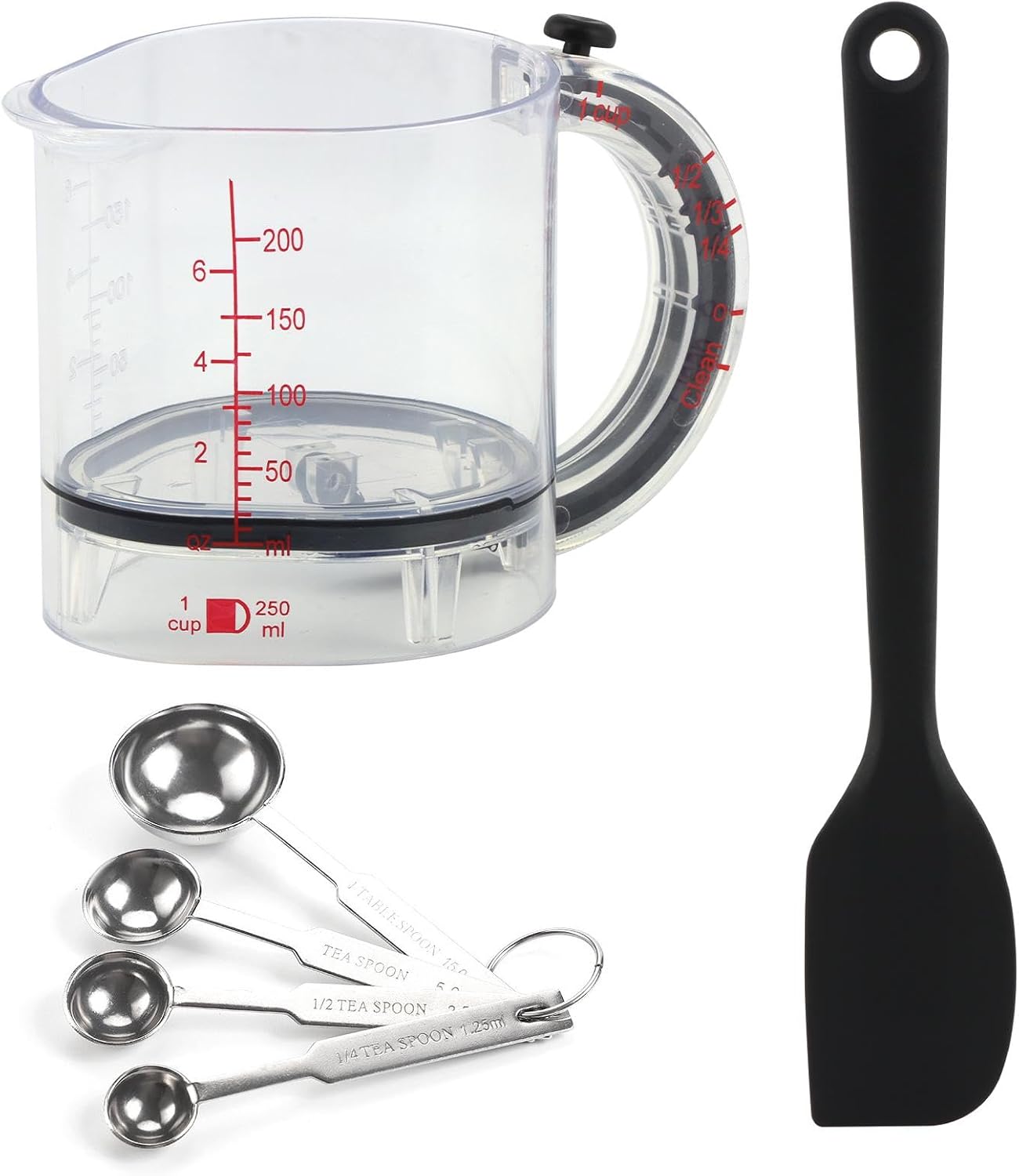 All-in-1 Adjustable Measuring Cup with Stainless Steel Measuring Spoons Set and Silicone Spatulas for Cooking/Baking/Ingredients, Kitchen Utensils Gadgets Cooking Lovers Gift(COLOR:Transparent)