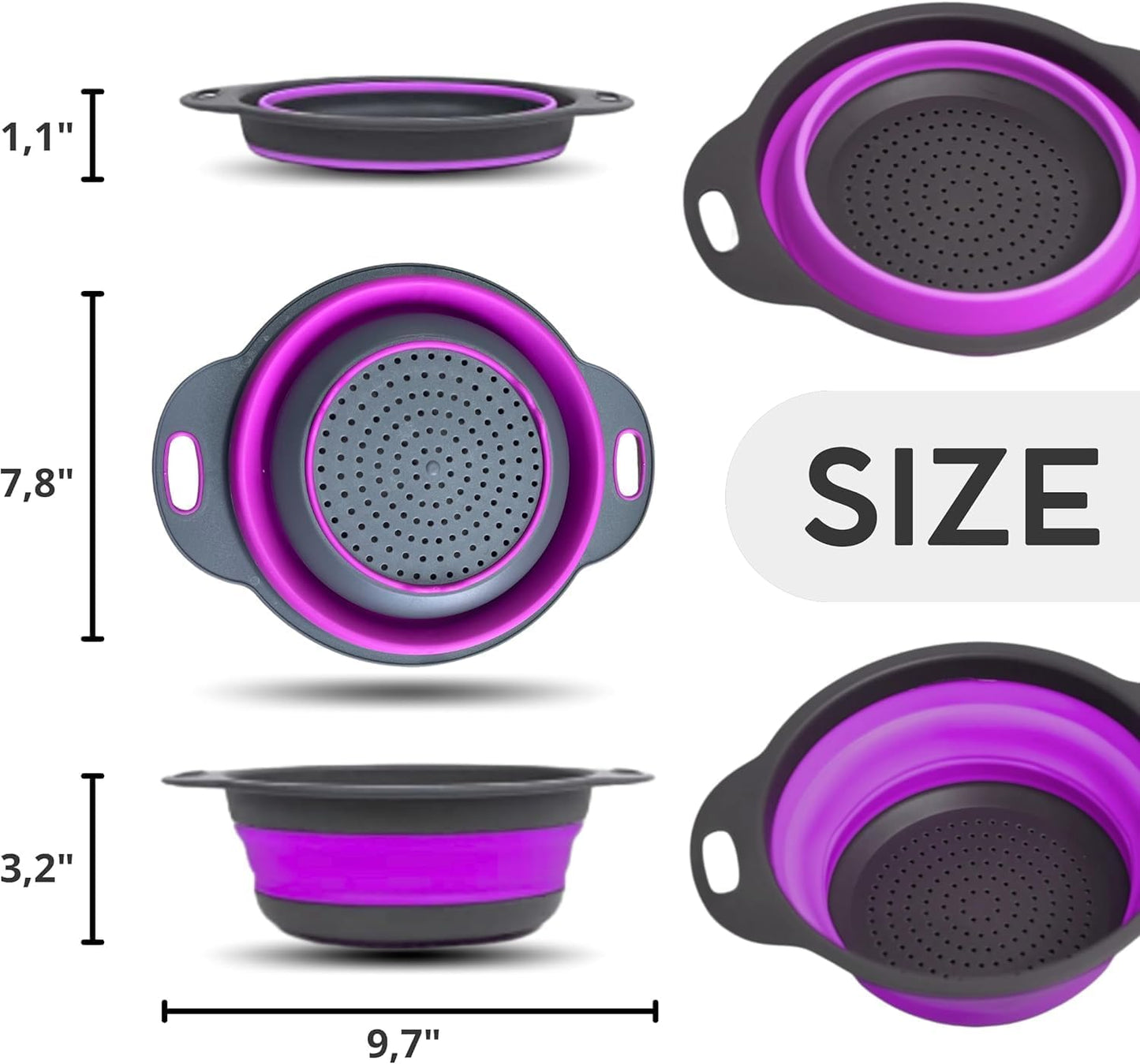 White Round Silicone Collapsible Colander – Silicone Round Kitchen Strainers with Plastic Handles Small Foldable Kitchen Strainer Perfect for Draining Pasta Vegetable and Fruit