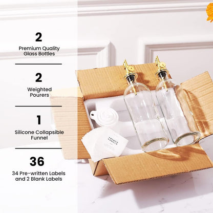 Molimoli - Premium Olive Oil Dispenser Bottles for Kitchen with Pourer - Oil and Vinegar Dispenser Set, Glass Dispenser for Kitchen, Dispenser Bottle of 350ml - Set of 2