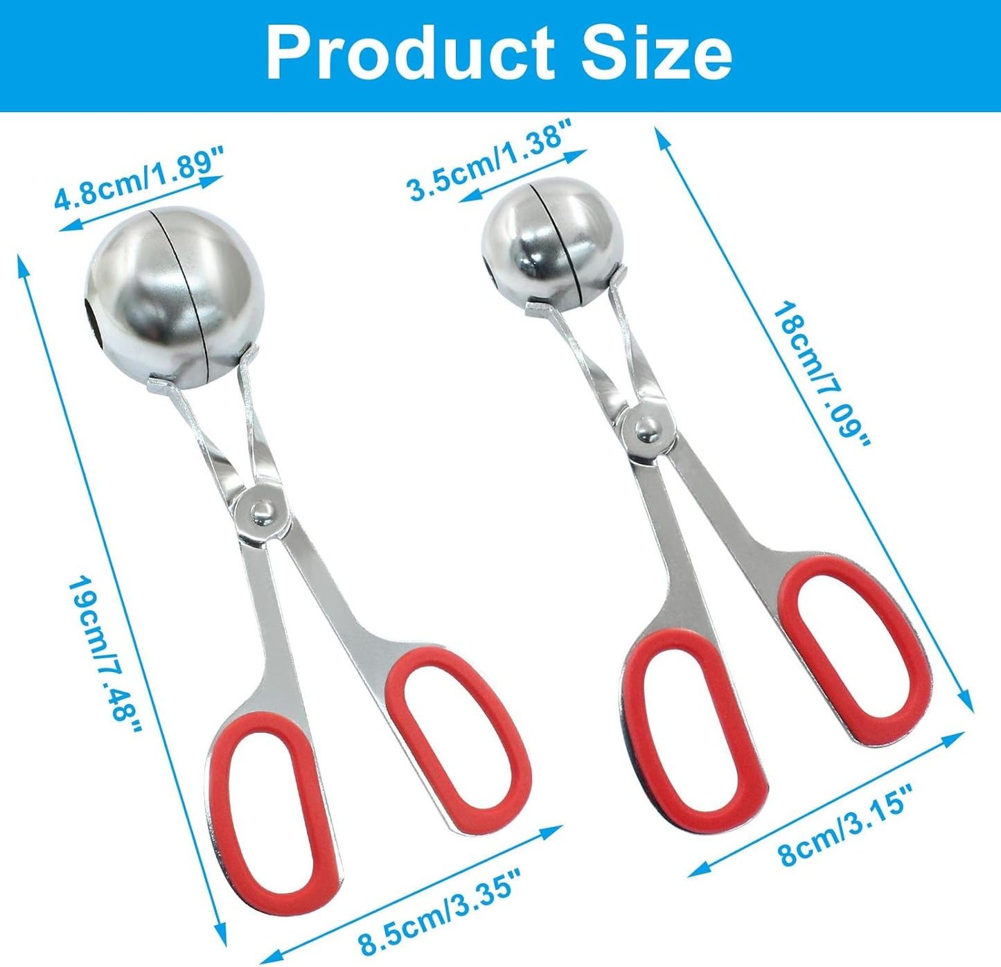 1.38"+ 1.89" Meatball Maker, 2Pcs None-stick Meatball Scoop Ball Maker, Stainless Steel Meat Baller Tongs, Cake Pop, Cookie Dough Scoop for Kitchen (Red)