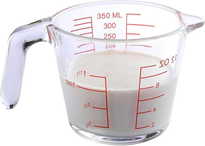 Glass Measuring Cup with Red Measurement Markings, Clear Kitchen Liquid Measuring Cup with Handle and Pour Spout, 350ml Heat-Resistant Glass Measuring Cup for Cooking, Baking and Mixing