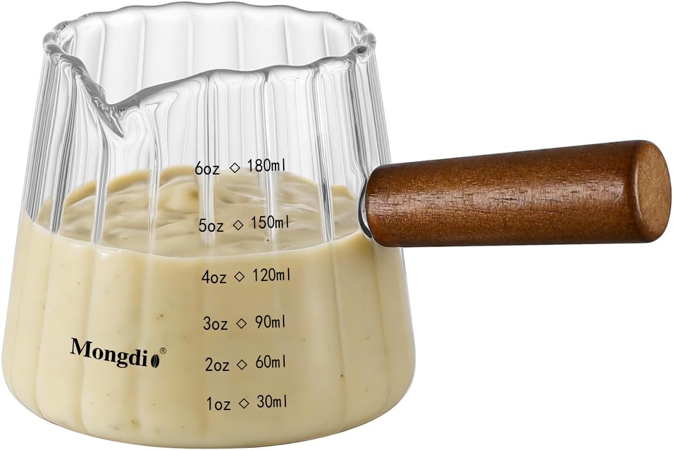 Mongdio 6OZ Espresso Measuring Cup with Wooden Handle, Glass Measuring Cup with Dual Scale Markings, Espresso Shot Cups, Milk Frothing Pitcher for Coffee, Milk